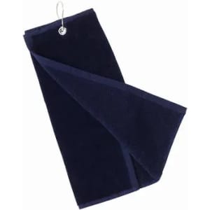 A navy blue towel with a loop for hanging, featuring a soft, textured surface.
