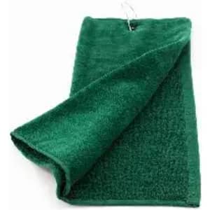 A green golf towel with a textured surface and a hanging loop. It has a simple design with no visible branding.