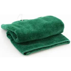 A folded green golf towel with a hanging loop, featuring a logo. Ideal for on-course use.