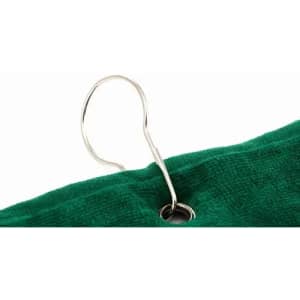 A green golf towel featuring a metal clip for easy attachment. It includes a branding logo.