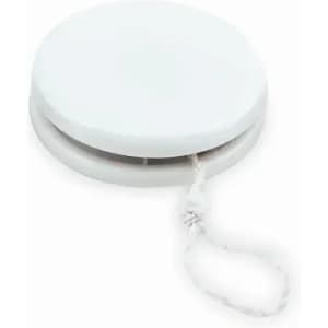 A white yo-yo with a string attached, featuring a smooth circular design. It has a simple, minimalist appearance.