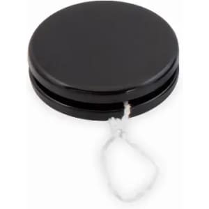 A black yo-yo with a glossy finish and a white string attached.