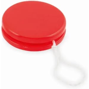 A red drink bottle with a round design and a white attachment loop. It features branding on the surface.