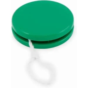 A green yo-yo with a white string attached, featuring a smooth, rounded design and no visible logo.