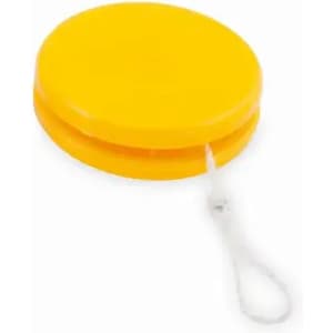 A yellow yo-yo with a white string attached for easy handling. Features a smooth circular design.