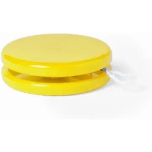 A yellow yo-yo with a smooth, glossy finish and a string for playing.
