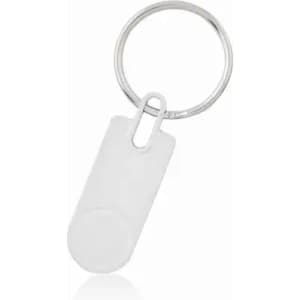 A keyring with a transparent tag, featuring a circular end and a metal loop for attachment.