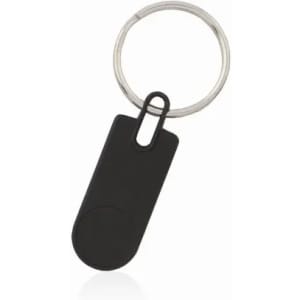 A keyring with a black plastic tag and a metal ring for easy attachment.