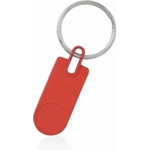 A red keyring featuring a simple, flat design with a circular attachment point. It includes a metal keyring.