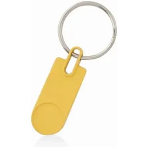 A keyring featuring a yellow, simplistic design with a circular section and a clip attachment.