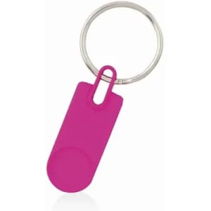 A keyring with a bright pink plastic tag attached, featuring a circular end. The tag is sleek and simple in design.