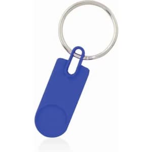 A keyring featuring a blue plastic tag with a circular indentation and a metal ring.
