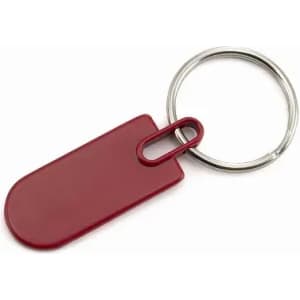 A keyring featuring a red, oval-shaped tag and a metal ring for attachment.