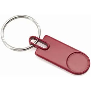 A maroon keyring with a flat tag and circular attachment area. It has a metal split ring for keys.