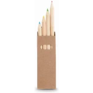 A set of natural wooden pencils in a brown cardboard box, with tips coloured in blue, yellow, green, and red.
