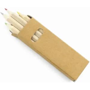 A set of coloured pencils housed in a brown cardboard case with a cut-out window.