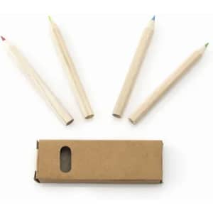 A set of four wooden coloured pencils in various colours, with a cardboard box for storage.