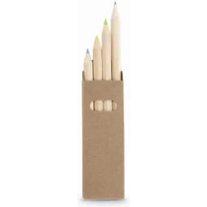 A set of four coloured pencils in a craft paper container, featuring blue, green, yellow, and red tips.