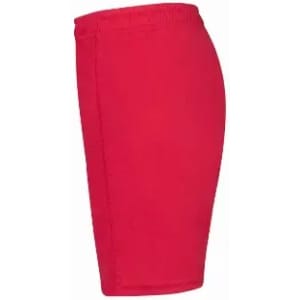A pair of red shorts with an elastic waistband, shown from the side.