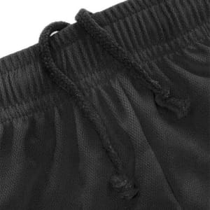 A pair of black shorts featuring an elastic waistband and drawstring ties.