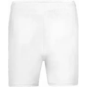 A pair of white shorts displayed on a plain background, featuring an elastic waistband.