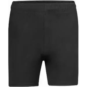 A pair of black athletic shorts with an elastic waistband. The fabric appears smooth and fitted.