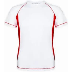 A sports shirt in white with red accents, featuring a crew neck and short sleeves. It has a branding logo.