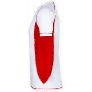 A sleeveless apron featuring a white outer layer and a red interior, with a pocket on one side and a branded logo.