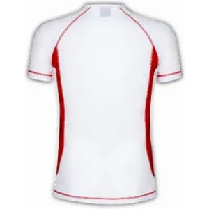 A fitted sports shirt in white with red side panels, featuring short sleeves and a round neck design.