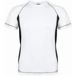 A fitted athletic shirt in white with black side panels and a reflective trim, featuring a logo on the front.