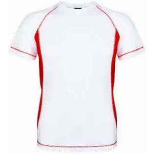 A short-sleeved t-shirt in white with red side panels and stitching, featuring a logo on the front.