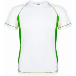 A short-sleeved sports shirt in white with green accents along the seams. It has a fitted design and logo branding.