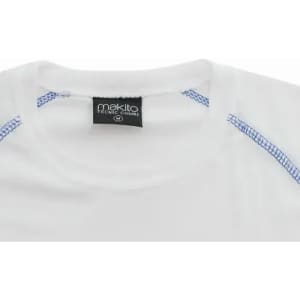 A white shirt with blue stitching detail and a tag displaying branding, featuring a round neckline.