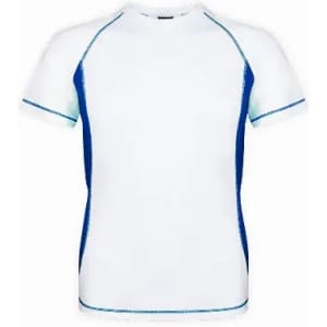 A short-sleeved sports shirt in white with blue sides and a logo on the chest.