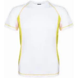 A short-sleeved athletic shirt in white with yellow side accents and a logo on the chest.