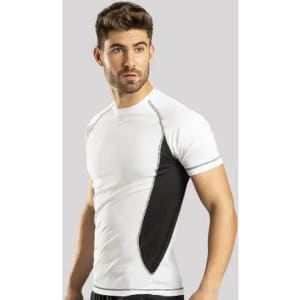 A white and black short-sleeved T-shirt with contrasting side panel design and a logo on the chest.