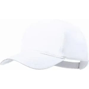 A white cap with a curved brim and an adjustable strap on the back. It features a logo on the side.