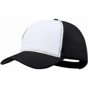 A cap featuring a black and white design with a curved brim and an adjustable strap at the back.