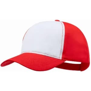 A red and white cap with a curved peak and adjustable strap at the back, featuring a logo.