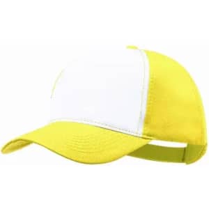 A cap featuring a white front panel and bright yellow brim and back, with an adjustable strap.