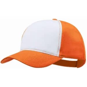 A cap with an orange body and a white front panel, featuring an adjustable strap at the back and a logo.