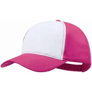 A cap featuring a pink and white design with a curved brim and an adjustable strap at the back. It has a logo.