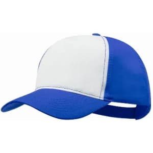 A blue and white cap featuring a solid design and a rear adjustable strap.