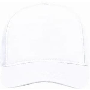 A white cap with a curved brim and a smooth surface, featuring a logo on the front.