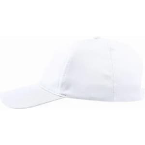 A white cap featuring a curved brim and a structured design. It has a logo on the side.