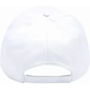 A white cap featuring a curved brim and adjustable strap, with a simple design on the back.