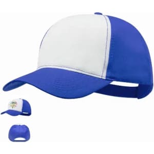 A blue and white cap with a curved peak and an adjustable strap at the back, featuring a logo on the front.