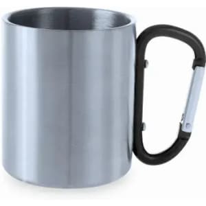 A drink bottle in silver metal with a black carabiner-style handle. It has a sleek, cylindrical design.