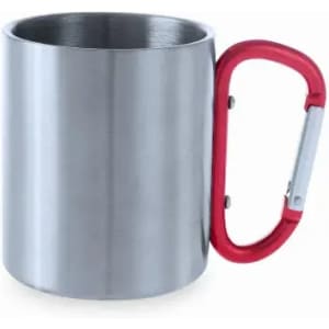 A drink bottle with a stainless steel body and a red carabiner handle. It has a sleek, modern design.