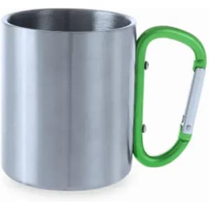 A drink bottle with a stainless steel body and a green carabiner-style handle. It features a simple, sleek design.